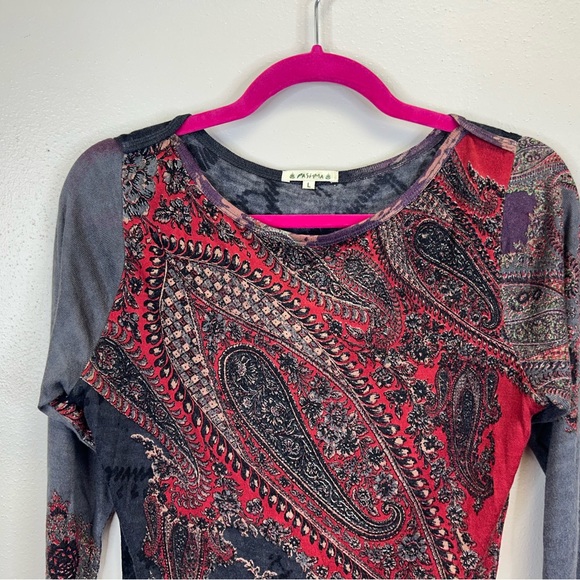 Pashma L Cashmere Silk paisley Paisley Long Sleeve lightweight sweater Red Gray - Picture 3 of 12